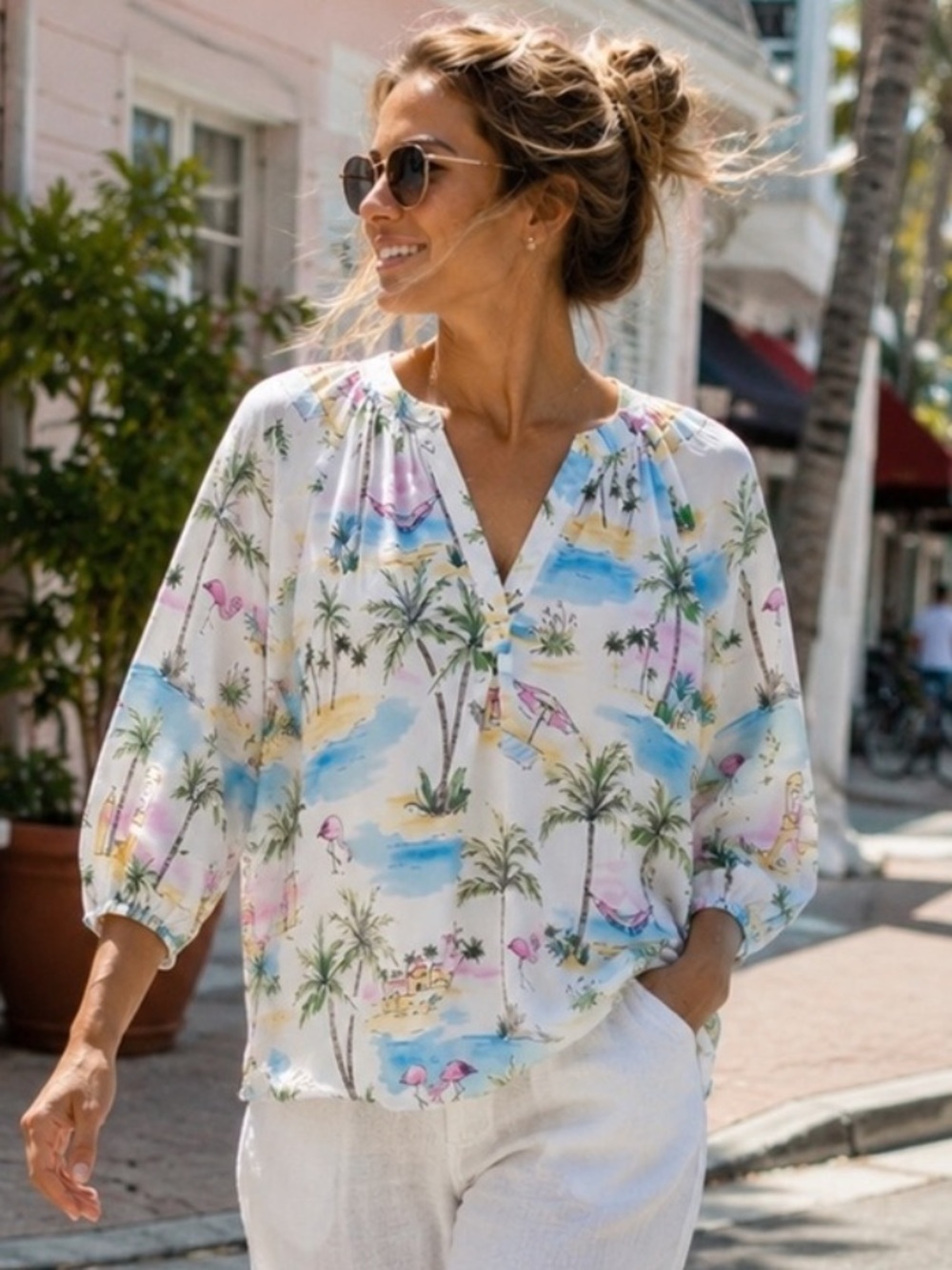 Tropical Beach Print Blouse Palm Flamingo Crown & Ivy Small